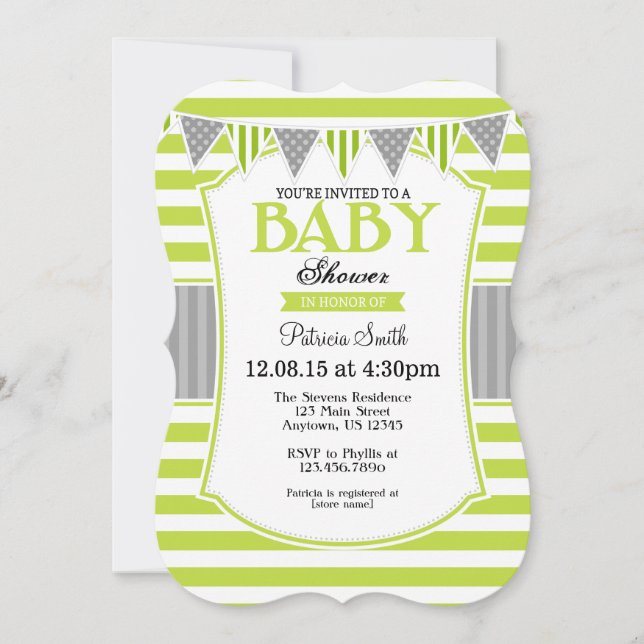 Lime Green Grey Stripes Baby Shower Invitation (Front)