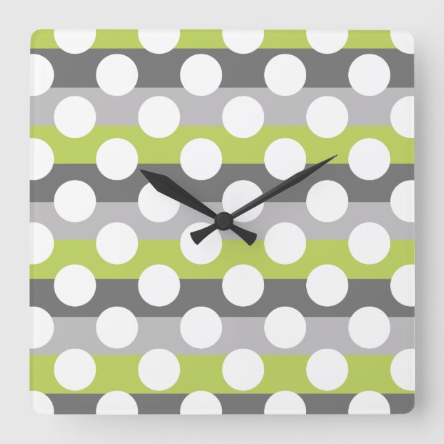Lime Green Grey White Modern Polka Dot Pattern Square Wall Clock (Front)