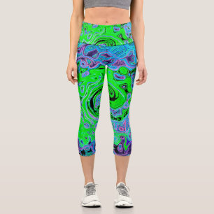 Lime Green Groovy Abstract Retro Liquid Swirl Capri Leggings