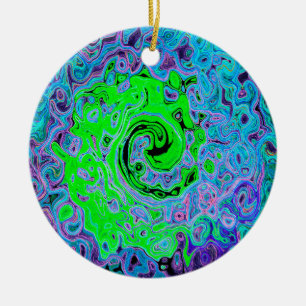 Lime Green Groovy Abstract Retro Liquid Swirl Ceramic Tree Decoration