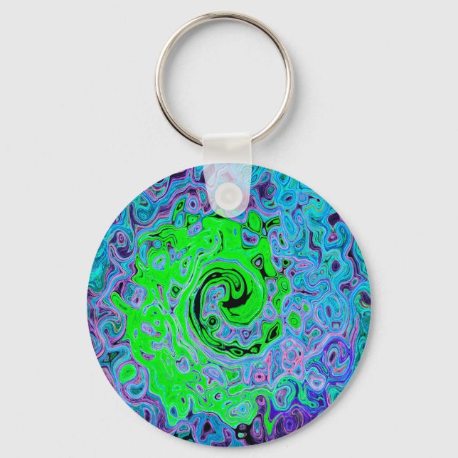 Lime Green Groovy Abstract Retro Liquid Swirl Key Ring (Front)