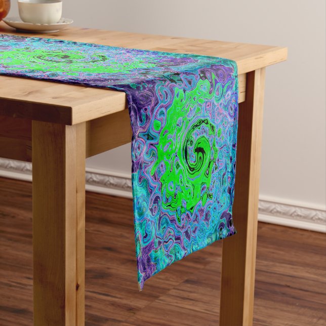 Lime Green Groovy Abstract Retro Liquid Swirl Long Table Runner (In Situ)