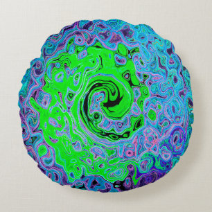 Lime Green Groovy Abstract Retro Liquid Swirl Round Cushion