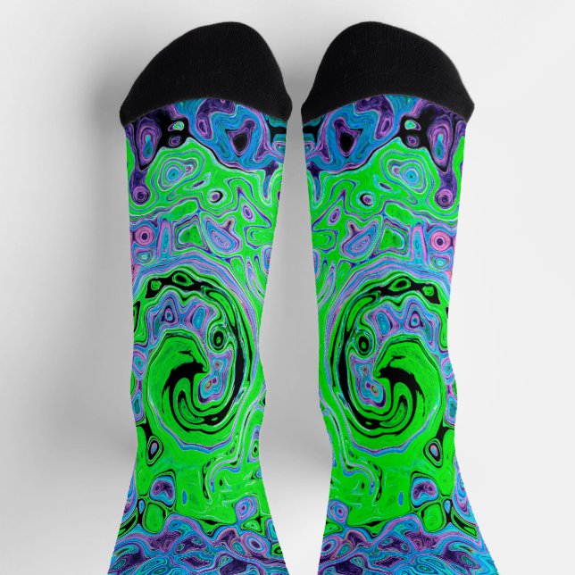 Lime Green Groovy Abstract Retro Liquid Swirl Socks (Top)