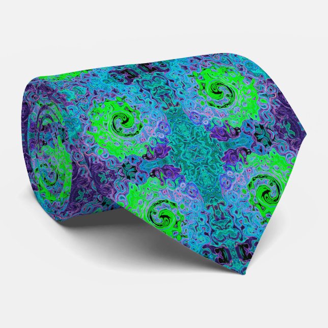 Lime Green Groovy Abstract Retro Liquid Swirl Tie (Rolled)