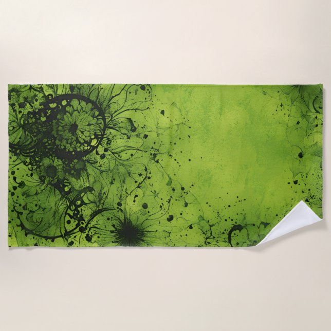 Lime Green Grunge with Black Accents Beach Towel (Front)