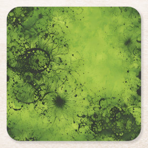 Lime Green Grunge with Black Accents Square Paper Coaster