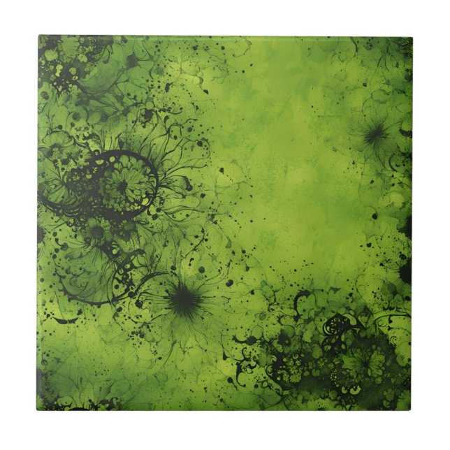 Lime Green Grunge with Black Accents Tile (Front)