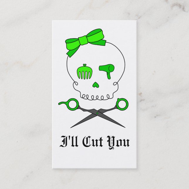 Lime Green Hair Stylist Skull & Scissor Crossbones Appointment Card (Front)
