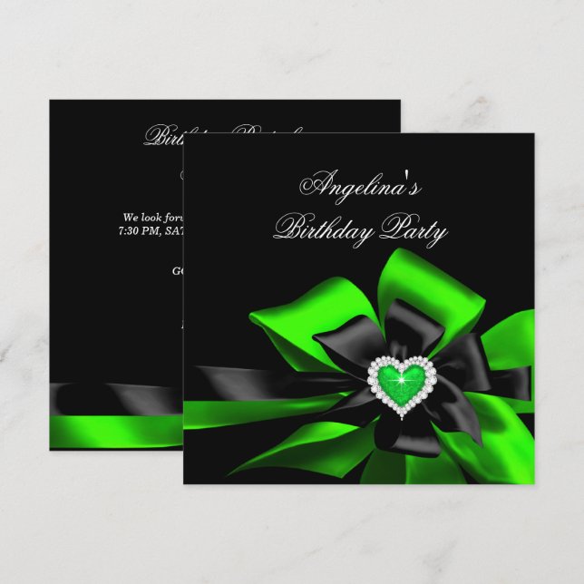 Lime Green Heart Black Bow Image Birthday Party Invitation (Front/Back)