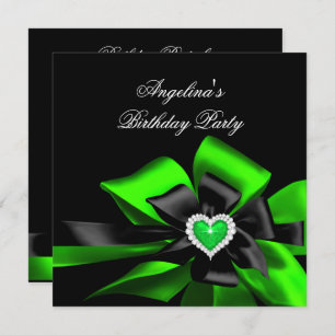 Lime Green Heart Black Bow Image Birthday Party Invitation