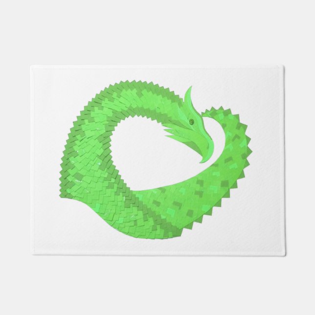 Lime green heart dragon on white doormat (Front)