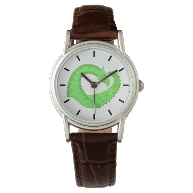 Lime green heart dragon on white watch (Front)