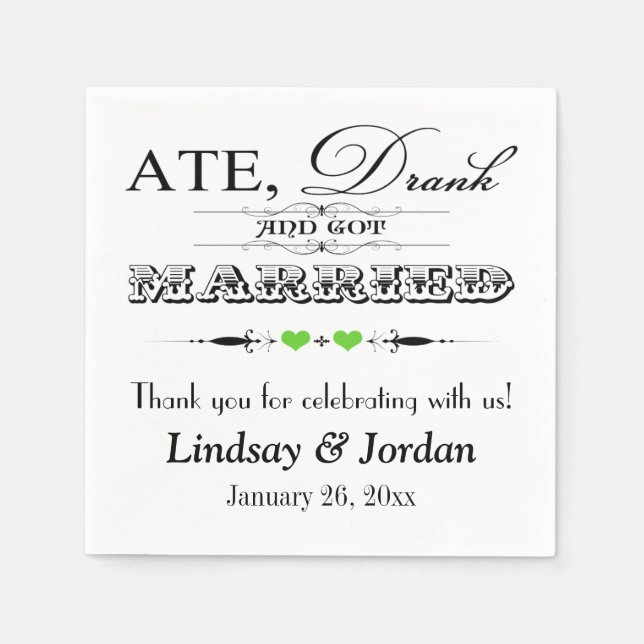 Lime Green Hearts and Scrolls Wedding Napkins (Front)