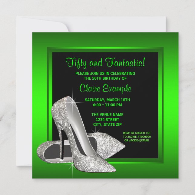 Lime Green High Heels Womans Birthday Party Invitation (Front)