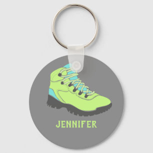 Lime Green Hiking Boot Personalised Grey Key Ring