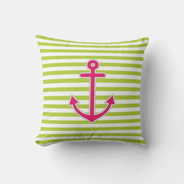 Lime Green Hot Pink Anchor Nautical Cushion (Front)