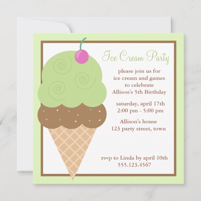 Lime Green Ice Cream Cone Birthday Party Invitation (Front)