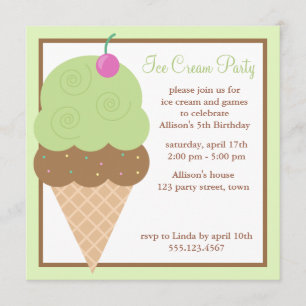 Lime Green Ice Cream Cone Birthday Party Invitation