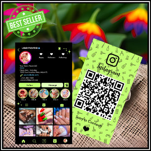 Lime Green Instagram Nail Salon QR Code Business Card