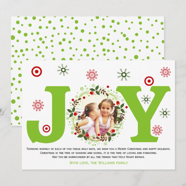 Lime green Joy and Christmas floral wreath photo Holiday Card (Front/Back)