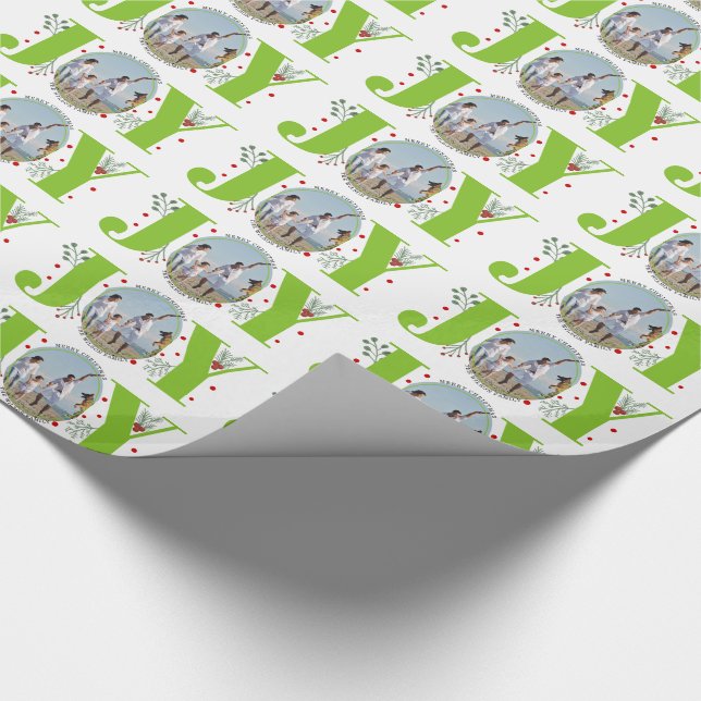 Lime green JOY Merry Christmas holiday photo Wrapping Paper (Corner)