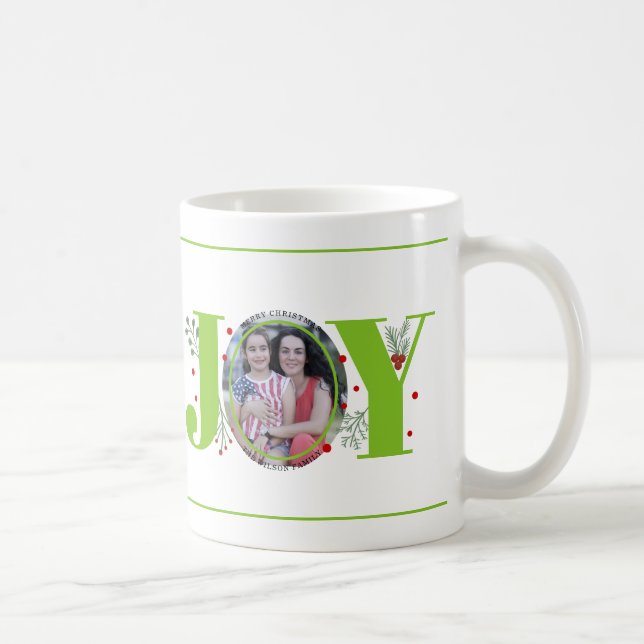 Lime green Joy with berries Christmas photo Coffee Mug (Right)