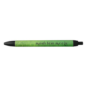 Lime Green Kiwi Toned Teal Mandala Kaleidoscope Black Ink Pen