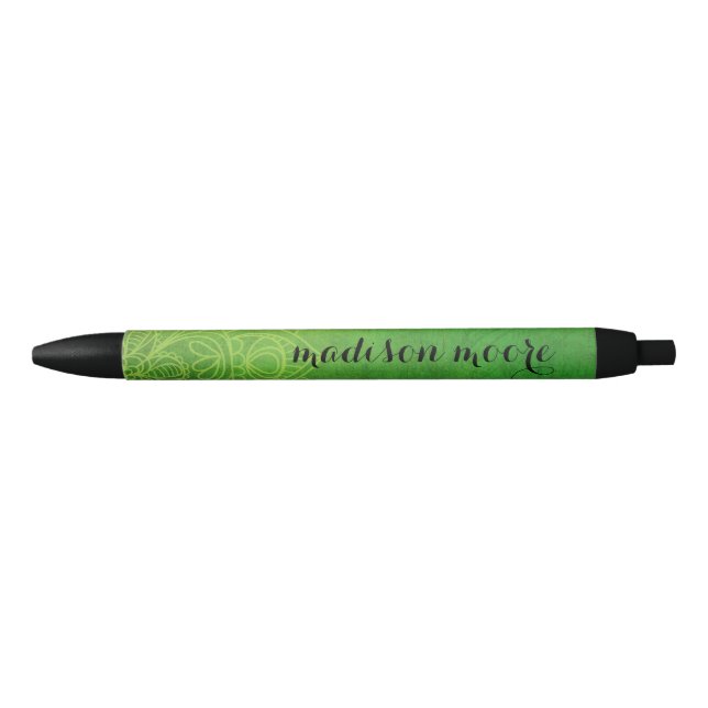 Lime Green Kiwi Toned Teal Mandala Kaleidoscope Black Ink Pen (Front)