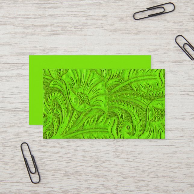 Lime Green Leather Print Business Cards (Front/Back In Situ)