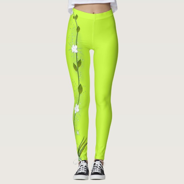 Lime Green Leggings with Vining Flower on One Leg (Front)