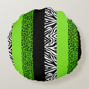 Lime Green Leopard and Zebra Animal Print Round Cushion