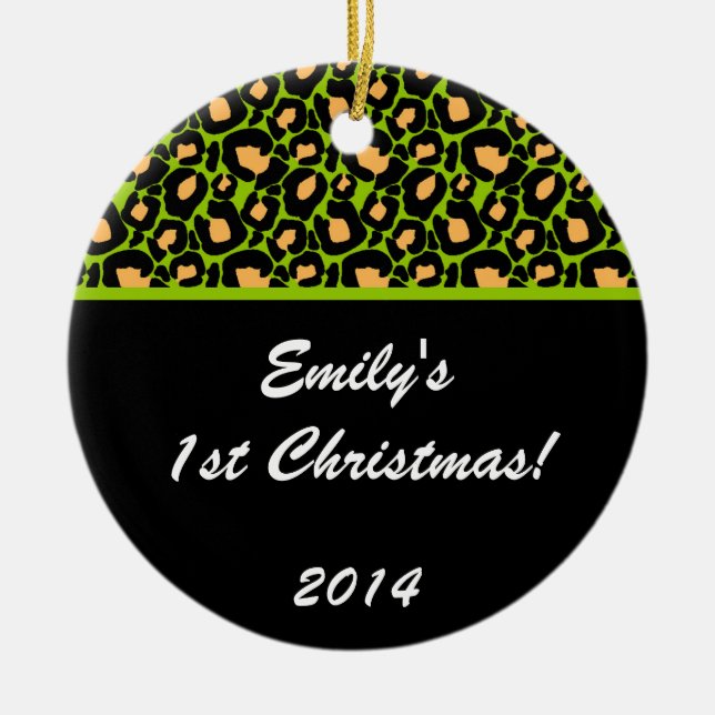 Lime Green Leopard Spot Personalised Name Ornament (Front)