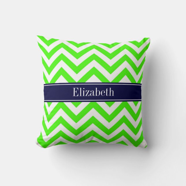 Lime Green LG Chevron Navy Blue Name Monogram Cushion (Front)