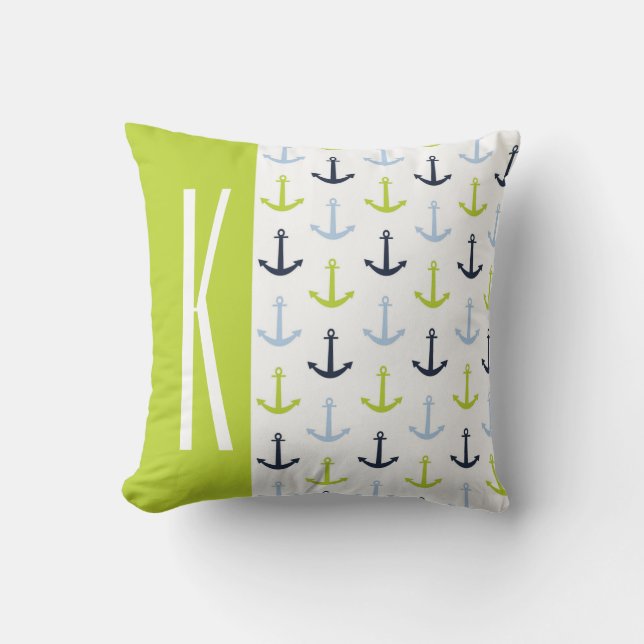 Lime Green, Light Blue, Navy, Nautical Anchors Cushion (Front)