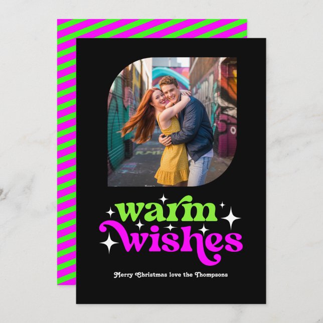Lime Green & Magenta Modern Retro Christmas Photo Holiday Card (Front/Back)