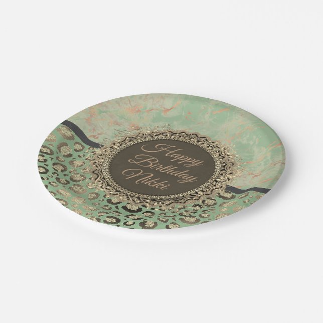 LIme Green Marble Glittery Leopard Birthday       Paper Plate (Angled)