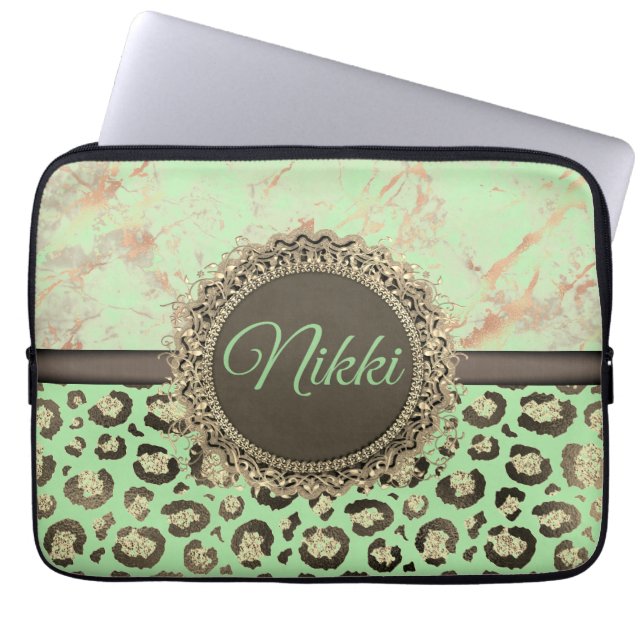 Lime Green Marble Glittery Leopard        Laptop Sleeve (Front)