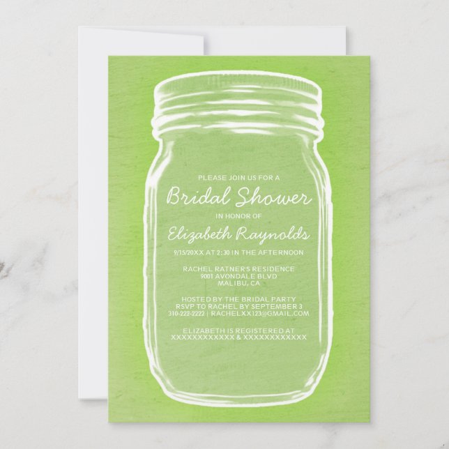 Lime Green Mason Jar Bridal Shower Invitations (Front)