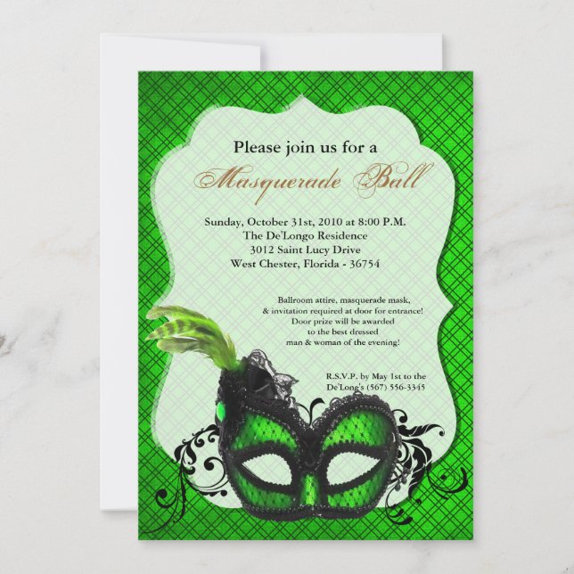 Lime Green Masquerade Mask Ball Costume Halloween Invitation (Front)