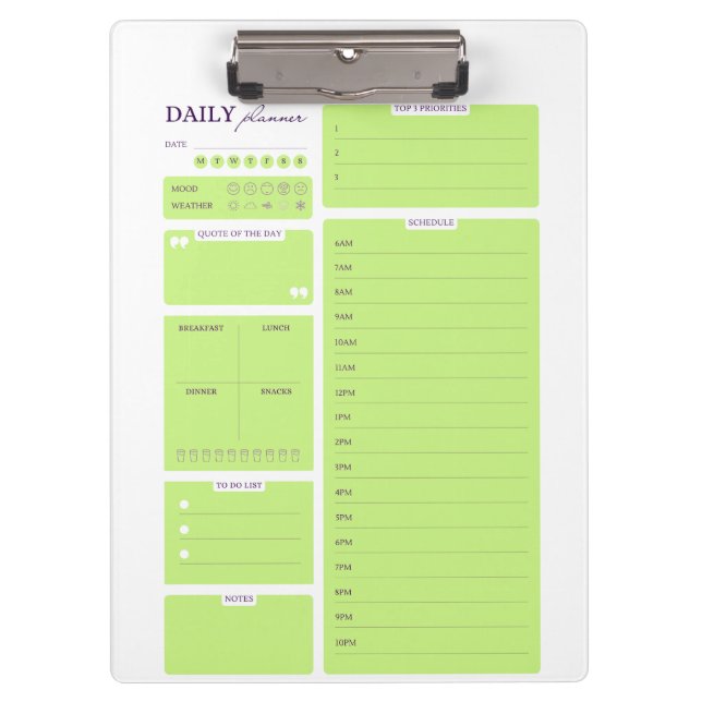 Lime Green Minimalist Daily Planner Template Clipboard (Front)