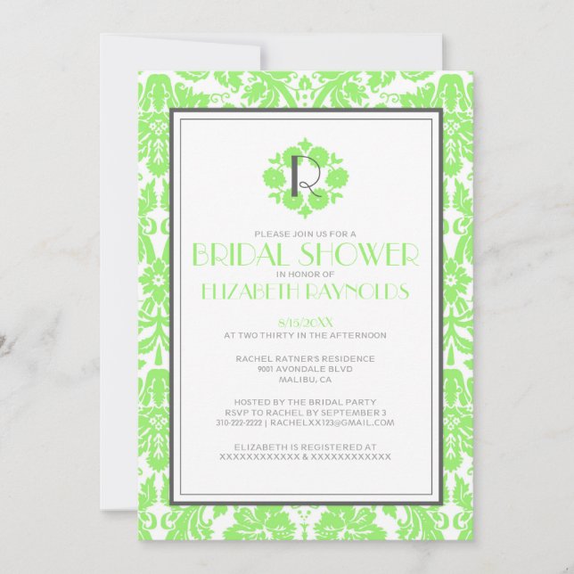 Lime Green Monogram Damask Bridal Shower Invites (Front)