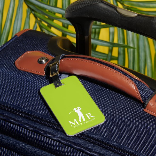 Lime Green Monogrammed Golfer Luggage Tag (Front Insitu 1)