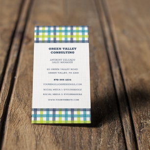 Lime Green, Navy and Turquoise Blue Plaid Business Card