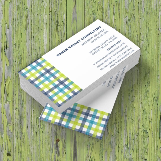 Lime Green, Navy and Turquoise Blue Plaid Business Card (Creator Uploaded)
