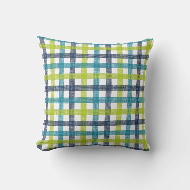 Lime Green, Navy and Turquoise Blue Plaid Cushion (Front)