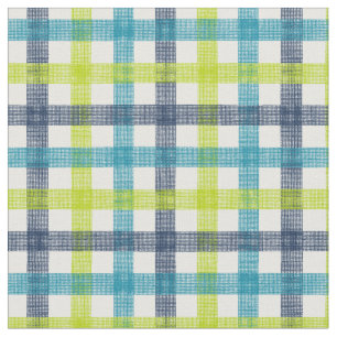 Lime Green, Navy and Turquoise Blue Plaid Fabric