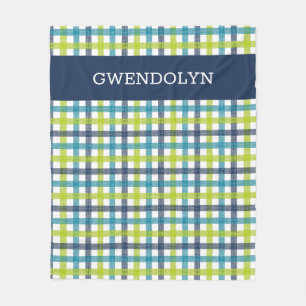 Lime Green, Navy and Turquoise Blue Plaid Fleece Blanket