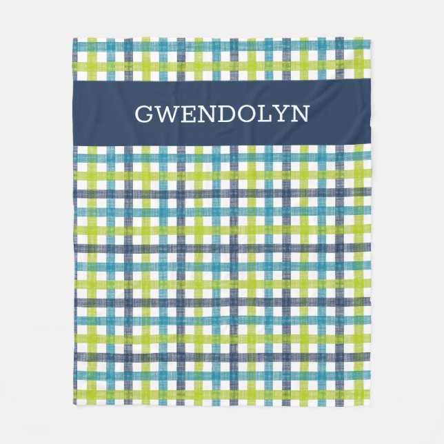 Lime Green, Navy and Turquoise Blue Plaid Fleece Blanket (Front)