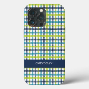 Lime Green, Navy and Turquoise Blue Plaid iPhone 13 Pro Case